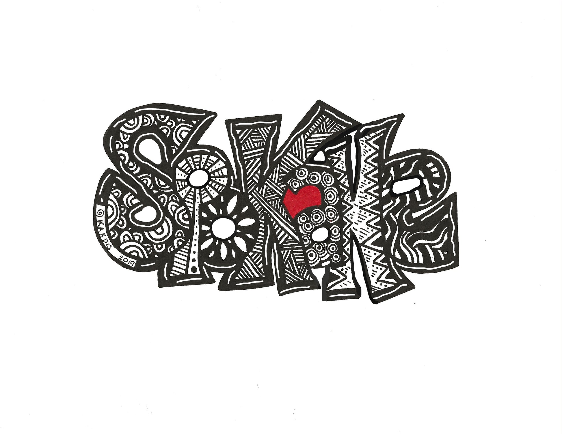 Spokane Sticker, heart sticker, black and white drawing. line art, zentagle